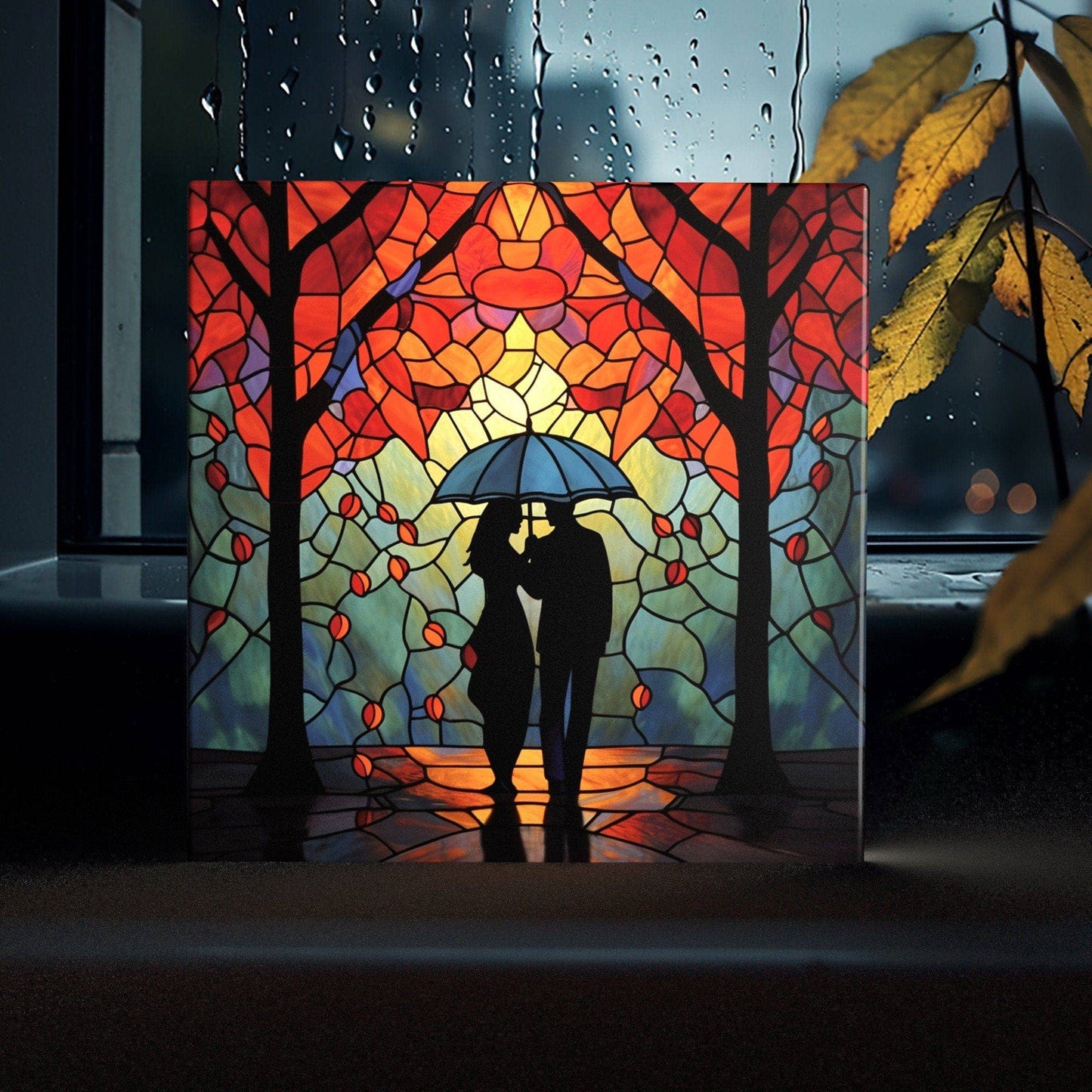 Romantic Twilight Stroll - Stained Glass Style Artistic Tile for Intimate Home Decor