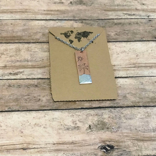 Mixed metal vertical copper bar necklace - palm tree beach