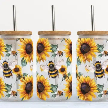 Sunflower and Bees 16oz Frosted Libbey Glass Tumbler