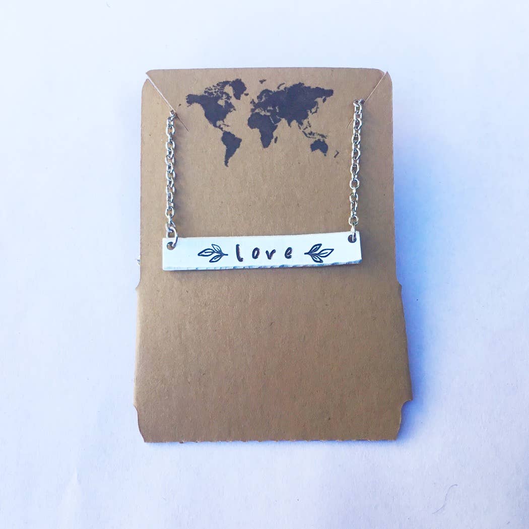 Love stamped bar necklace with leaves