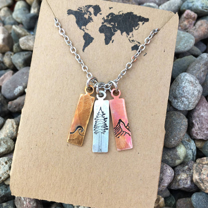 Nature mixed metal charm necklace, waves, mountains, tree